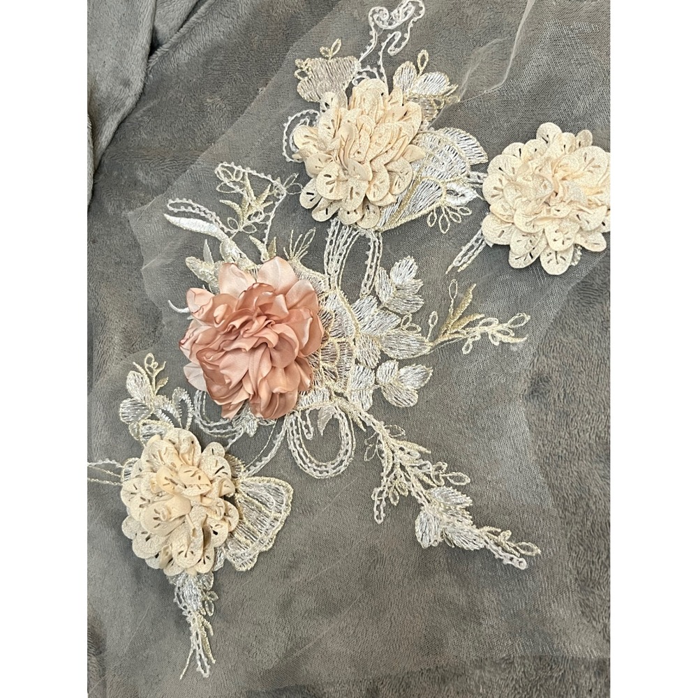 3D Floral Lace Applique Blush Ivory Beaded Embroidered Tulle Bridal Trim 15"